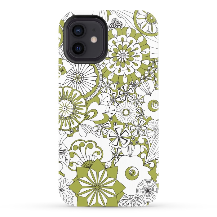 iPhone 12 StrongFit 70s Flowers - Green and White by Paula Ohreen