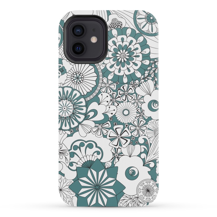 iPhone 12 mini StrongFit 70s Flowers - Blue and White by Paula Ohreen