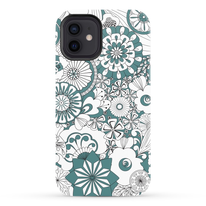 iPhone 12 StrongFit 70s Flowers - Blue and White by Paula Ohreen