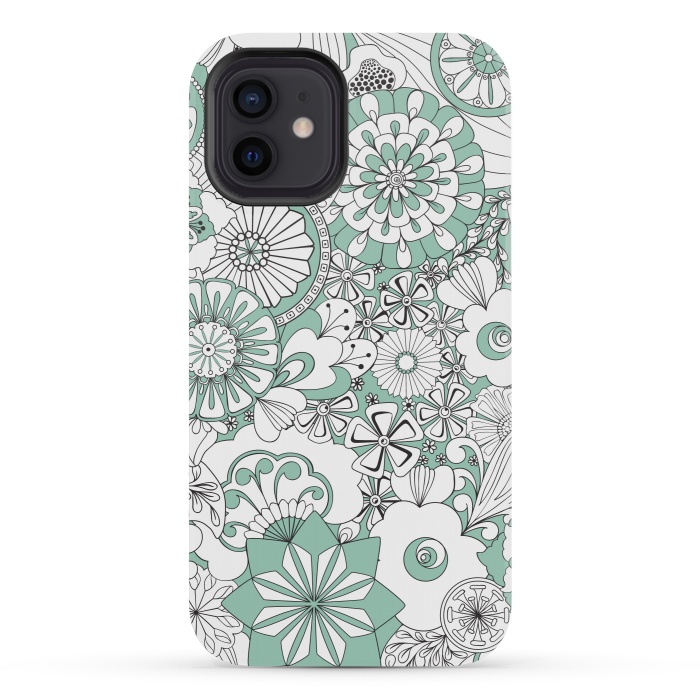 iPhone 12 mini StrongFit 70s Flowers - Mint Green and White by Paula Ohreen