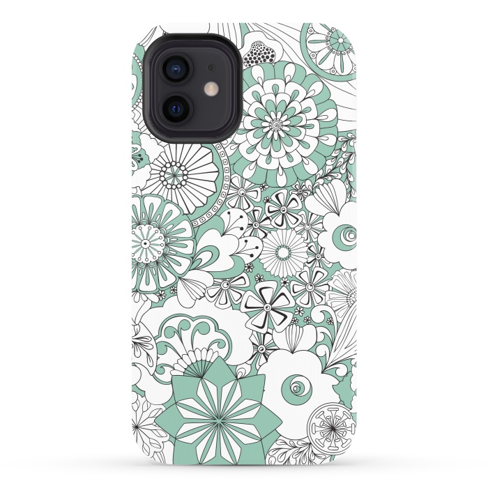 iPhone 12 StrongFit 70s Flowers - Mint Green and White by Paula Ohreen