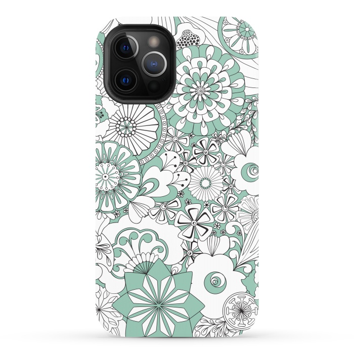 iPhone 12 Pro StrongFit 70s Flowers - Mint Green and White by Paula Ohreen