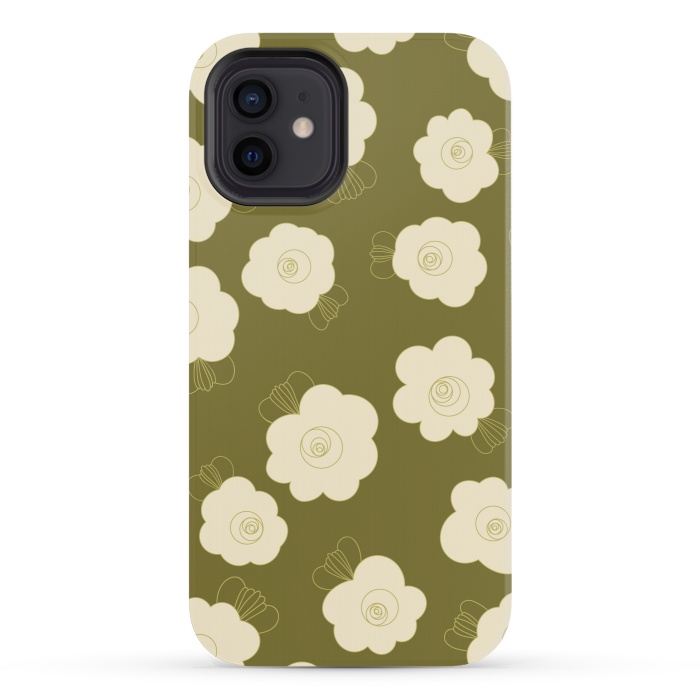 iPhone 12 mini StrongFit Fluffy Flowers - Cream on Olive Green by Paula Ohreen