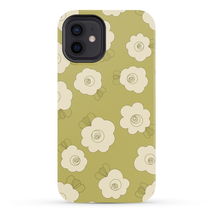iPhone 12 mini StrongFit Fluffy Flowers - Cream on Sap Green by Paula Ohreen