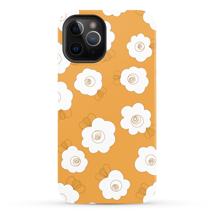 iPhone 12 Pro StrongFit Fluffy Flowers - White on Pumpkin Orange by Paula Ohreen
