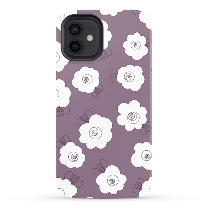 iPhone 12 StrongFit Fluffy Flowers - White on Grape Purple by Paula Ohreen
