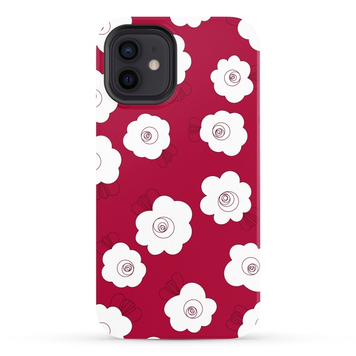 iPhone 12 StrongFit Fluffy Flowers - White on Red by Paula Ohreen