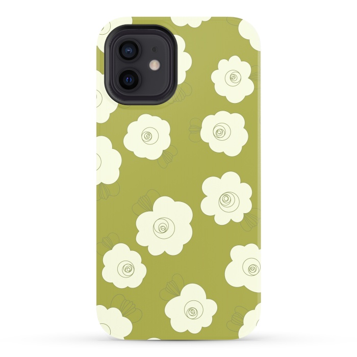 iPhone 12 StrongFit Fluffy Flowers - White on Grass Green by Paula Ohreen