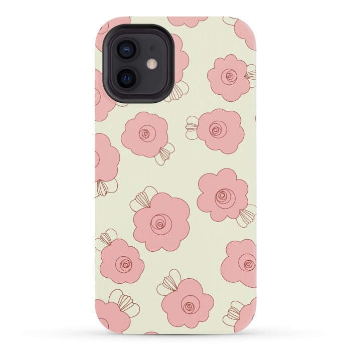 iPhone 12 mini StrongFit Fluffy Flowers - Pink on Cream by Paula Ohreen