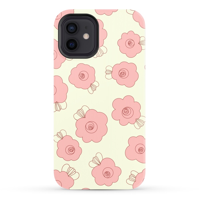 iPhone 12 StrongFit Fluffy Flowers - Pink on Cream by Paula Ohreen