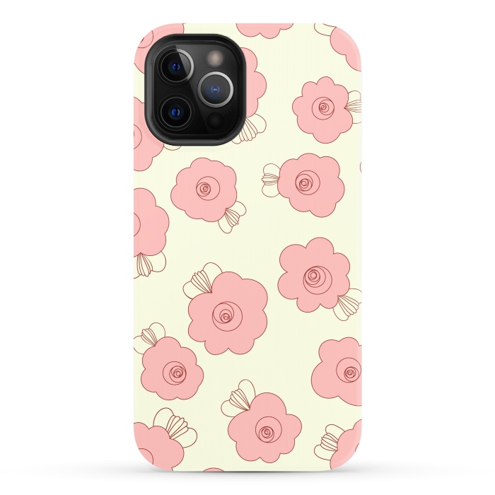 iPhone 12 Pro StrongFit Fluffy Flowers - Pink on Cream by Paula Ohreen