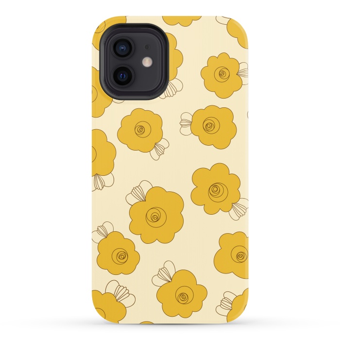 iPhone 12 StrongFit Fluffy Flowers - Mustard on Lemon Yellow by Paula Ohreen