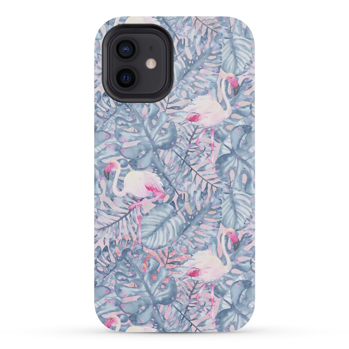 iPhone 12 mini StrongFit Pink and Blue Flamingo Summer  by  Utart