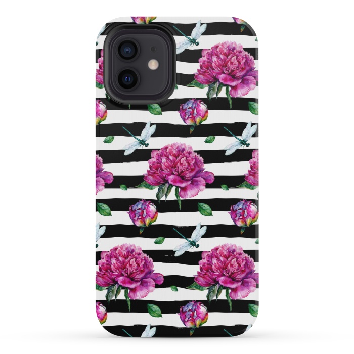 iPhone 12 mini StrongFit Black Stripes and Peonies by  Utart