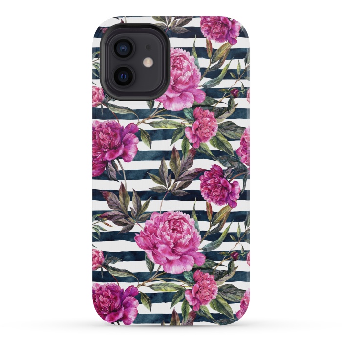 iPhone 12 mini StrongFit Pink peonies and black stripes by  Utart