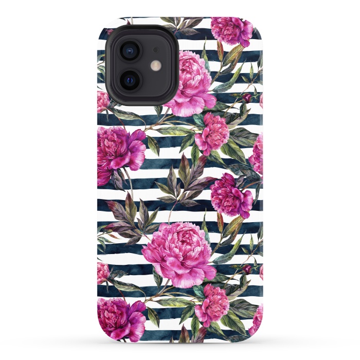 iPhone 12 StrongFit Pink peonies and black stripes by  Utart