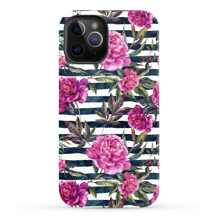 iPhone 12 Pro StrongFit Pink peonies and black stripes by  Utart