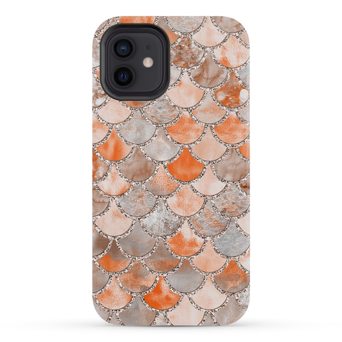 iPhone 12 mini StrongFit Salmon Peach and Silver Glitter WAtercolor Mermaid Scales by  Utart