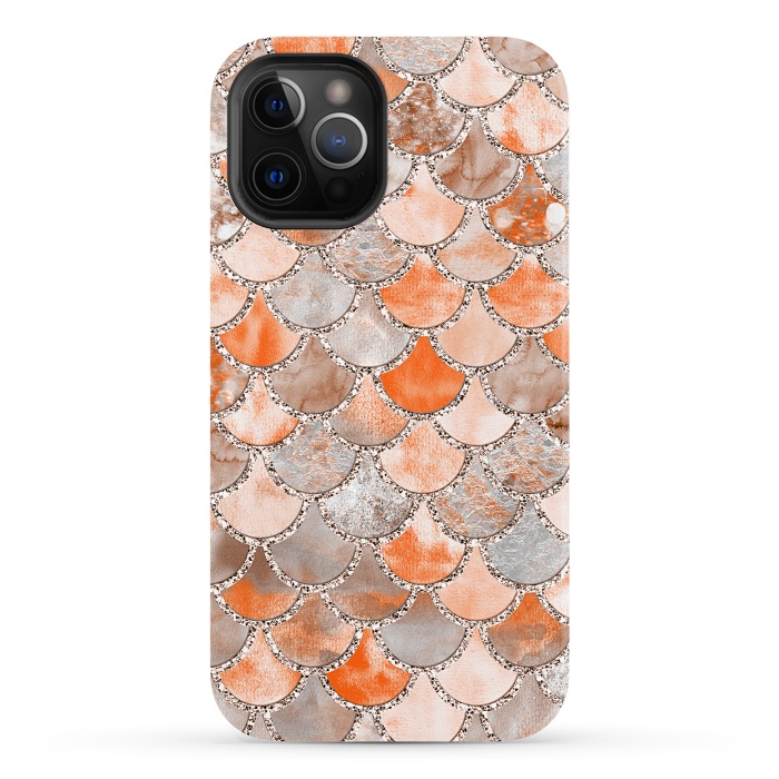 iPhone 12 Pro StrongFit Salmon Peach and Silver Glitter WAtercolor Mermaid Scales by  Utart