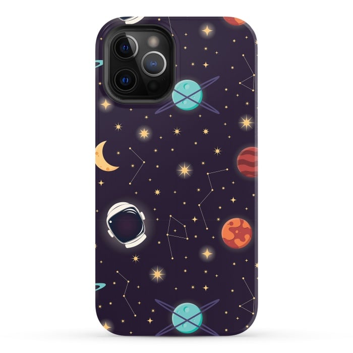 iPhone 12 Pro StrongFit Universe with planets, stars and astronaut helmet seamless pattern, cosmos starry night sky, vector illustration by Jelena Obradovic