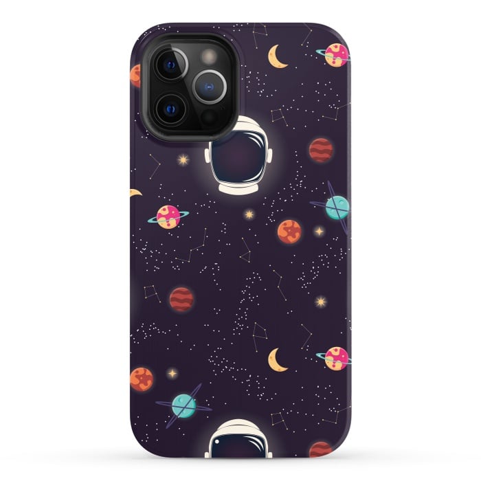 iPhone 12 Pro StrongFit Universe with planets, stars and astronaut helmet seamless pattern, cosmos starry night sky by Jelena Obradovic
