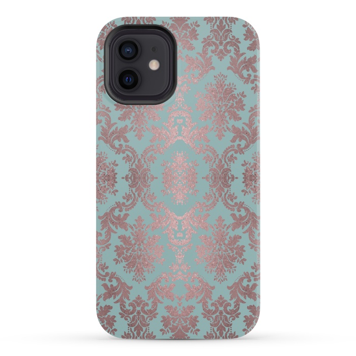 iPhone 12 mini StrongFit Rose Gold Teal Damask Pattern 2 by Andrea Haase