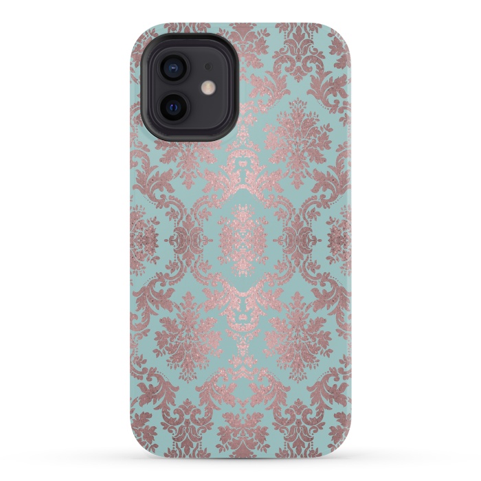 iPhone 12 StrongFit Rose Gold Teal Damask Pattern 2 by Andrea Haase
