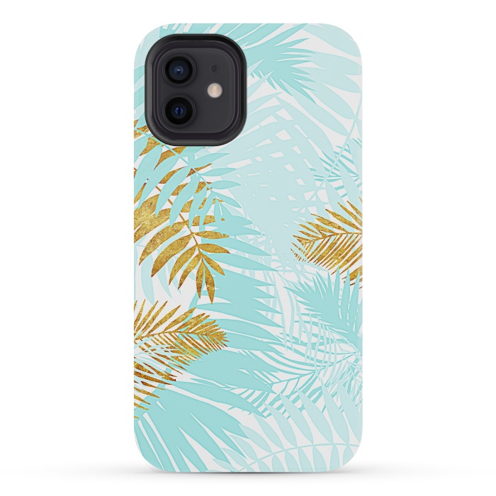 iPhone 12 mini StrongFit Teal and Gold Palm Leaves by  Utart