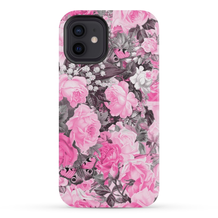 iPhone 12 mini StrongFit Nostalgic Pink Rose And Butterfly Pattern by Andrea Haase
