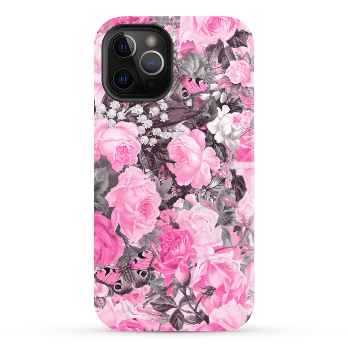 iPhone 12 Pro StrongFit Nostalgic Pink Rose And Butterfly Pattern by Andrea Haase