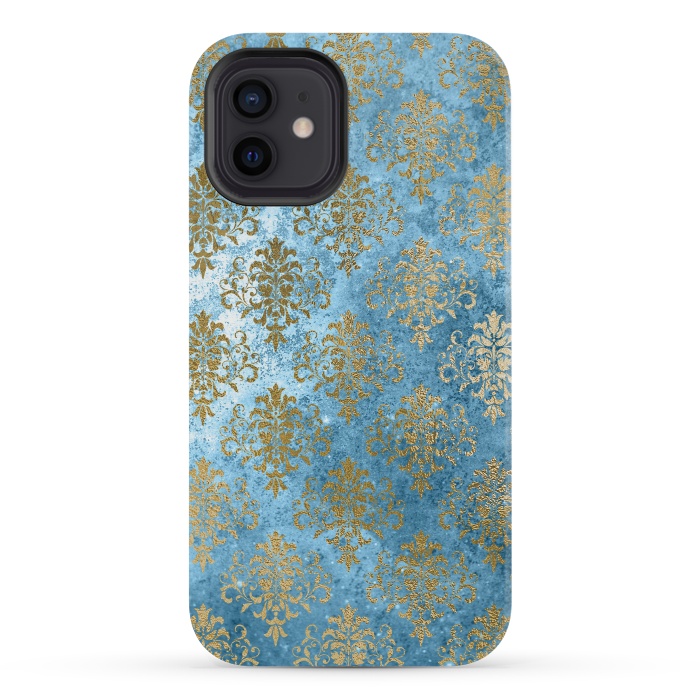 iPhone 12 mini StrongFit Blue and Gold Trendy Vintage Damask Pattern by  Utart