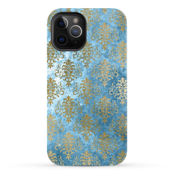 iPhone 12 Pro StrongFit Blue and Gold Trendy Vintage Damask Pattern by  Utart