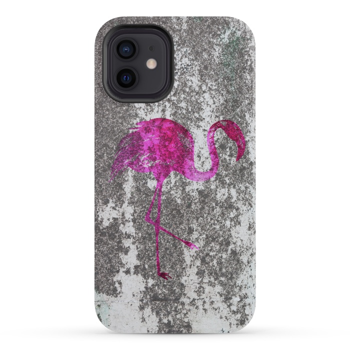 iPhone 12 mini StrongFit Pink Flamingo Bird On Grunge Wall by Andrea Haase