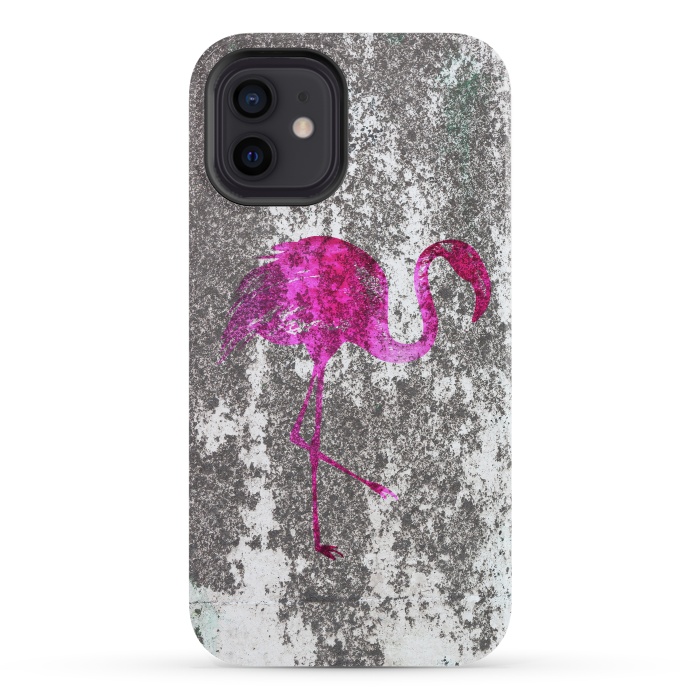 iPhone 12 StrongFit Pink Flamingo Bird On Grunge Wall by Andrea Haase