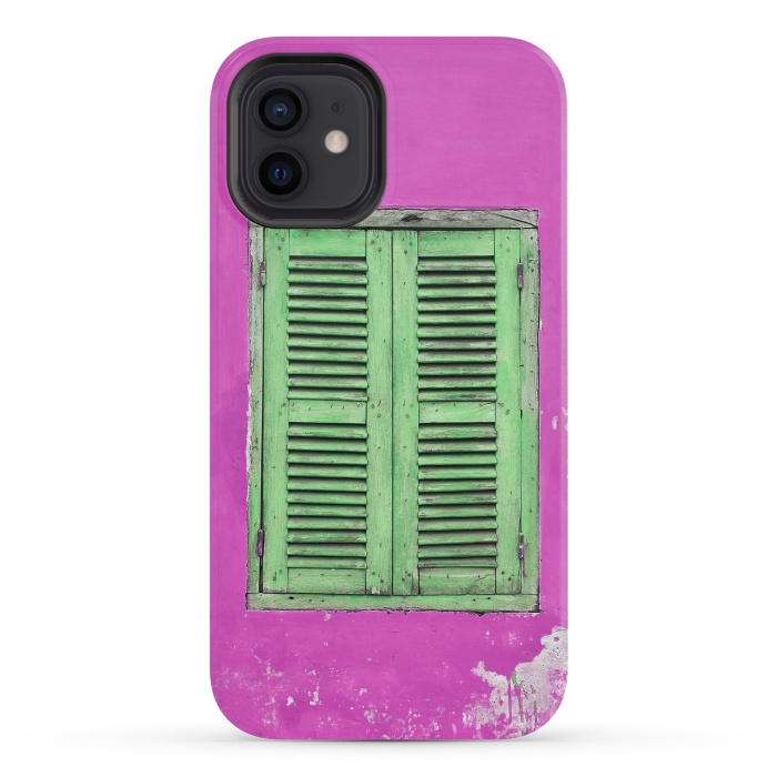 iPhone 12 mini StrongFit Turquoise Green Shutters In Pink Wall by Andrea Haase