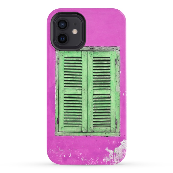 iPhone 12 StrongFit Turquoise Green Shutters In Pink Wall by Andrea Haase