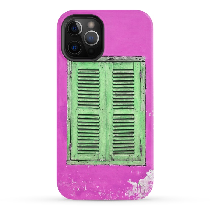 iPhone 12 Pro StrongFit Turquoise Green Shutters In Pink Wall by Andrea Haase