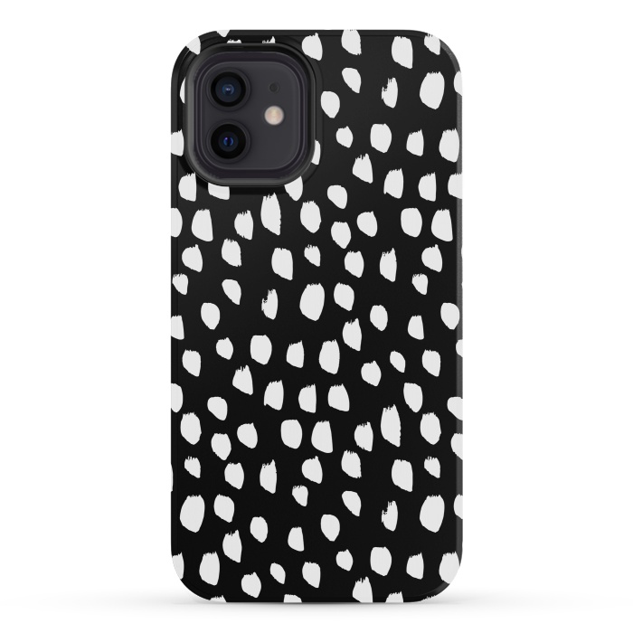 iPhone 12 mini StrongFit Hand drawn crazy white polka dots on black by DaDo ART