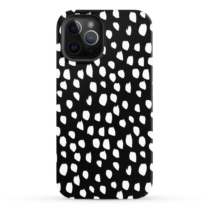iPhone 12 Pro StrongFit Hand drawn crazy white polka dots on black by DaDo ART