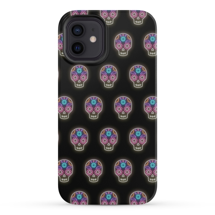 iPhone 12 mini StrongFit Neon sugar skull pattern by Laura Nagel