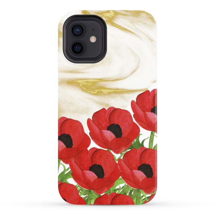 iPhone 12 StrongFit Red Flowers on Marbel by Rossy Villarreal