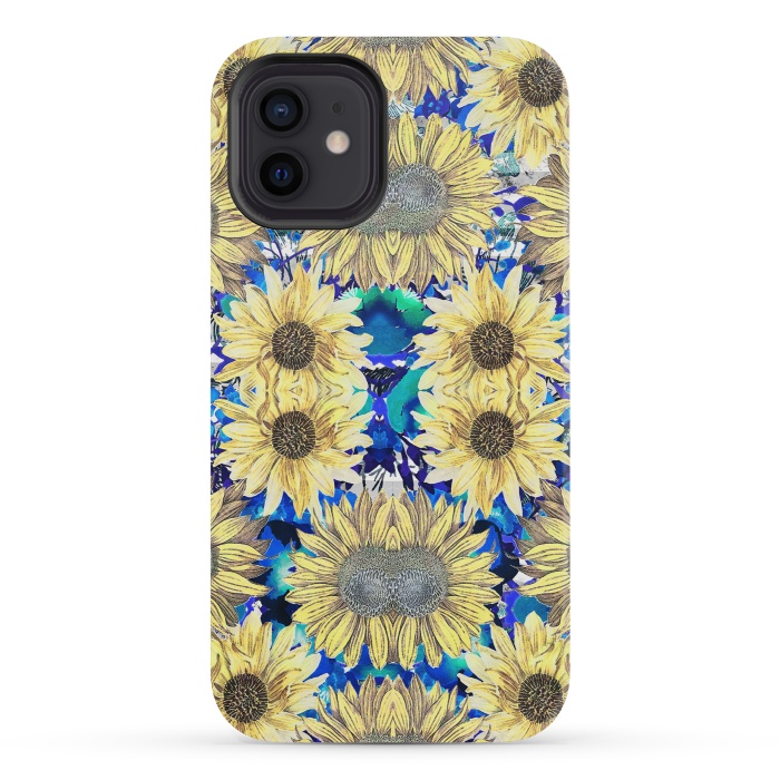 iPhone 12 mini StrongFit Watercolor painted sunflowers and blue foliage by Oana 