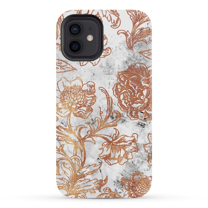 iPhone 12 mini StrongFit Golden flowers line art on white marble by Oana 