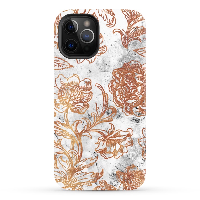 iPhone 12 Pro StrongFit Golden flowers line art on white marble by Oana 
