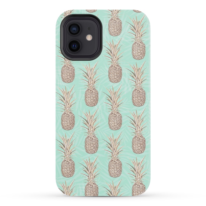 iPhone 12 mini StrongFit Golden and mint pineapples pattern by InovArts