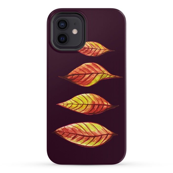 iPhone 12 StrongFit Four Red Yellow Ink Watercolor Painted Autumn Leaves by Boriana Giormova