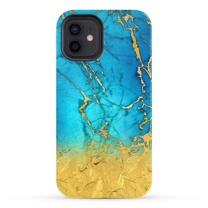 iPhone 12 StrongFit Sea Blue and Sun Gold Marble and Glitter by  Utart
