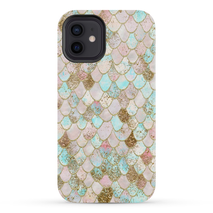 iPhone 12 mini StrongFit Watercolor Wonky Gold Glitter Pastel Summer Mermaid Scales  by  Utart