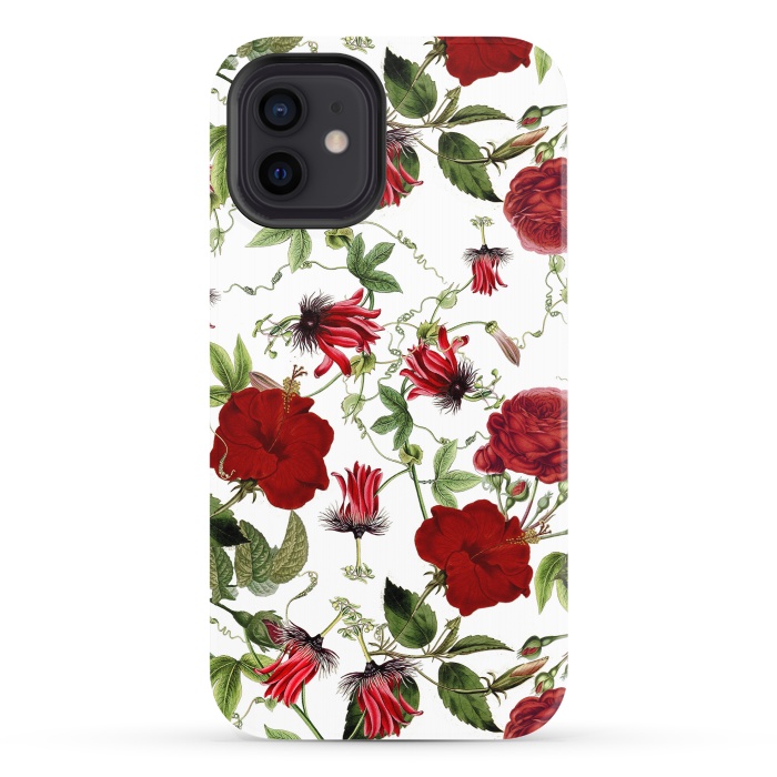 iPhone 12 StrongFit Red Hibiscus and Passiflora Pattern on White by  Utart