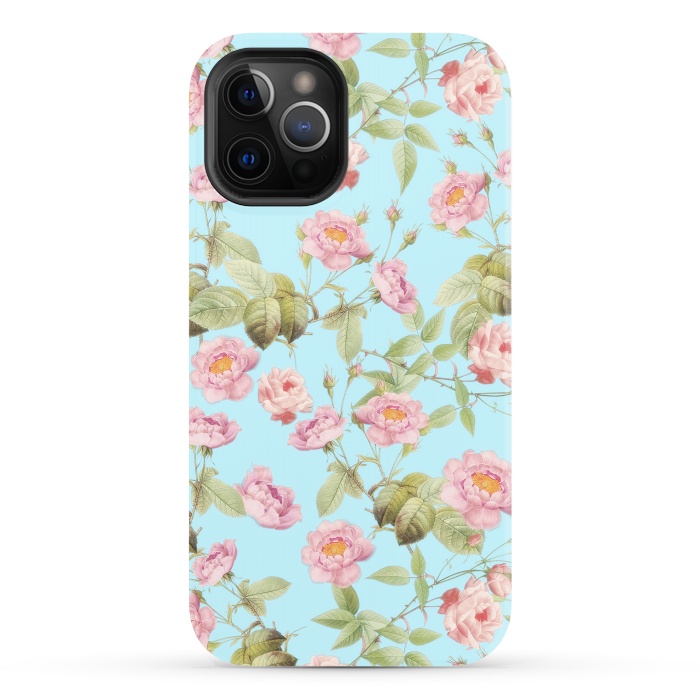 iPhone 12 Pro StrongFit Pastel Teal and Pink Roses Pattern by  Utart